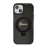 Husa pentru iPhone 15 Plus, Guess Ring Stand Script Glitter MagSafe (GUHMP15MHRSGSK), negru