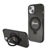 Husa pentru iPhone 15 Plus, Guess Ring Stand Script Glitter MagSafe (GUHMP15MHRSGSK), negru