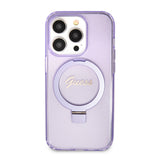 Husa pentru iPhone 15 Pro, Guess Ring Stand Script Glitter MagSafe, mov