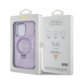 Husa pentru iPhone 15 Pro, Guess Ring Stand Script Glitter MagSafe, mov