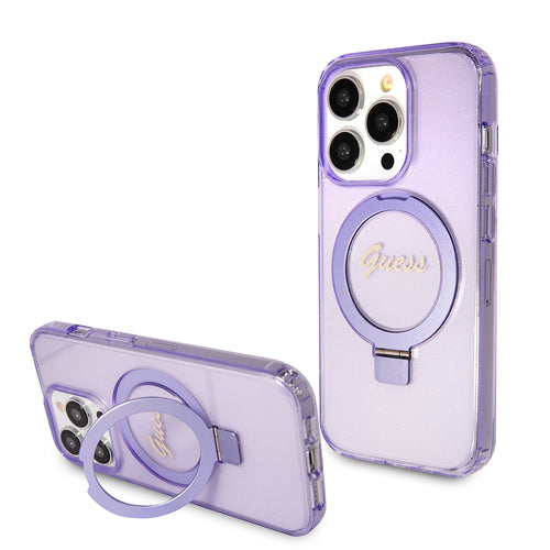 Husa pentru iPhone 15 Pro, Guess Ring Stand Script Glitter MagSafe, mov