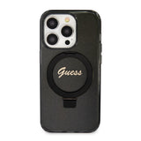 Husa pentru iPhone 15 Pro, Guess Ring Stand Script Glitter MagSafe (GUHMP15LHRSGSK), negru