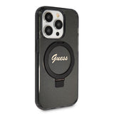 Husa pentru iPhone 15 Pro, Guess Ring Stand Script Glitter MagSafe (GUHMP15LHRSGSK), negru