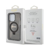 Husa pentru iPhone 15 Pro, Guess Ring Stand Script Glitter MagSafe (GUHMP15LHRSGSK), negru