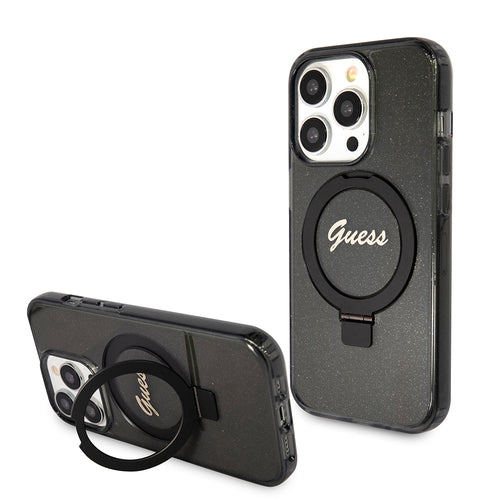 Husa pentru iPhone 15 Pro, Guess Ring Stand Script Glitter MagSafe (GUHMP15LHRSGSK), negru