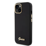 Husa pentru iPhone 15, Guess Silicone Script Metal Logo & Frame (GUHCP15SSMBSLK), negru