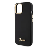 Husa pentru iPhone 15, Guess Silicone Script Metal Logo & Frame (GUHCP15SSMBSLK), negru