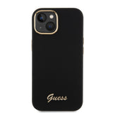 Husa pentru iPhone 15, Guess Silicone Script Metal Logo & Frame (GUHCP15SSMBSLK), negru
