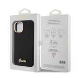 Husa pentru iPhone 15, Guess Silicone Script Metal Logo & Frame (GUHCP15SSMBSLK), negru