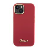 Husa pentru iPhone 15, Guess Silicone Script Metal Logo & Frame (GUHCP15SSMBSLM), rosu