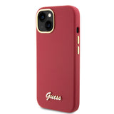 Husa pentru iPhone 15, Guess Silicone Script Metal Logo & Frame (GUHCP15SSMBSLM), rosu