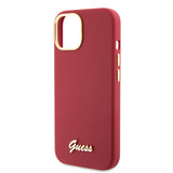 Husa pentru iPhone 15, Guess Silicone Script Metal Logo & Frame (GUHCP15SSMBSLM), rosu