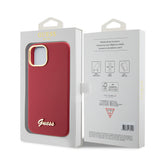 Husa pentru iPhone 15, Guess Silicone Script Metal Logo & Frame (GUHCP15SSMBSLM), rosu