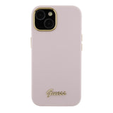 Husa pentru iPhone 15, Guess Silicone Script Metal Logo & Frame (GUHCP15SSMBSLP), Light Pink