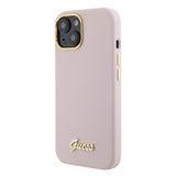Husa pentru iPhone 15, Guess Silicone Script Metal Logo & Frame (GUHCP15SSMBSLP), Light Pink