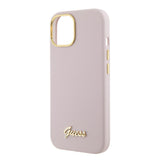 Husa pentru iPhone 15, Guess Silicone Script Metal Logo & Frame (GUHCP15SSMBSLP), Light Pink