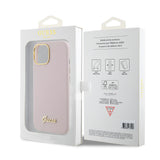 Husa pentru iPhone 15, Guess Silicone Script Metal Logo & Frame (GUHCP15SSMBSLP), Light Pink