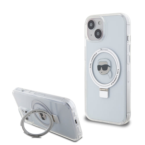 Husa pentru iPhone 15, Karl Lagerfeld Hardcase Ring Stand MagSafe (KLHMP15SHMRSKHH), alb