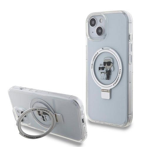 Husa pentru iPhone 15, Karl Lagerfeld Hardcase Ring Stand MagSafe (KLHMP15SHMRSKCH), White Karl&Choupette