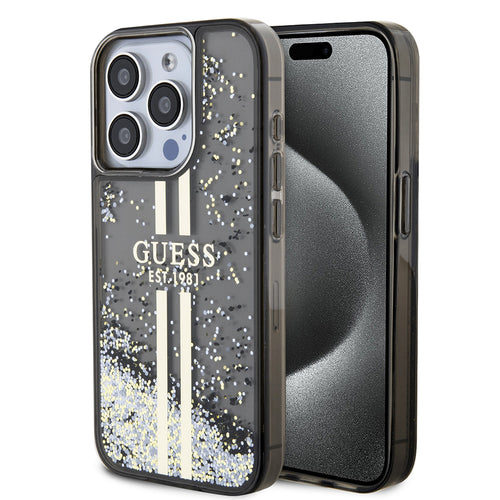 Husa pentru iPhone 15 Pro, Guess Liquid Glitter Gold Stripes (GUHCP15LLFCSEGK), negru