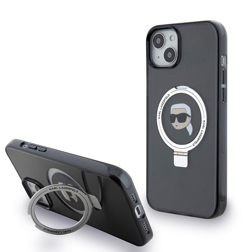Husa pentru iPhone 15 Plus, Karl Lagerfeld Hardcase Ring Stand MagSafe (KLHMP15MHMRSKHK), negru