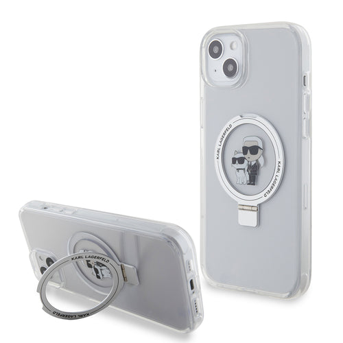 Husa pentru iPhone 15 Plus, Karl Lagerfeld Hardcase Ring Stand MagSafe (KLHMP15MHMRSKCH), alb