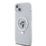 Husa pentru iPhone 15 Plus, Karl Lagerfeld Hardcase Ring Stand MagSafe (KLHMP15MHMRSKCH), alb