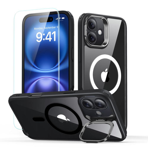 Husa pentru iPhone 16, ESR Classic Hybrid HaloLock Kickstand + Tempered Glass, negru/transparenta