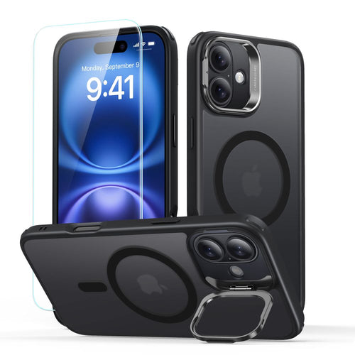 Husa pentru iPhone 16, ESR Classic Hybrid HaloLock Kickstand + Tempered Glass, negru frost