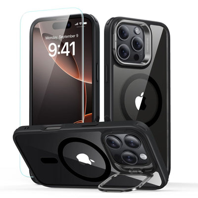 Husa pentru iPhone 16 Pro Max, ESR Classic Hybrid HaloLock Kickstand + Tempered Glass, negru/transparenta