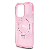 Husa pentru iPhone 15 Pro, Guess Ring Stand Script Glitter MagSafe (GUHMP15LHRSGSP), roz