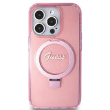 Husa pentru iPhone 15 Pro, Guess Ring Stand Script Glitter MagSafe (GUHMP15LHRSGSP), roz