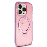 Husa pentru iPhone 15 Pro, Guess Ring Stand Script Glitter MagSafe (GUHMP15LHRSGSP), roz