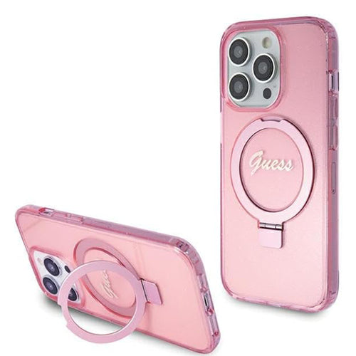 Husa pentru iPhone 15 Pro, Guess Ring Stand Script Glitter MagSafe (GUHMP15LHRSGSP), roz