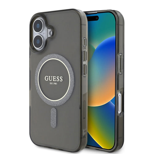 Husa pentru iPhone 16, Guess IML Glitter Circle MagSafe (GUHMP16SHFGEREK), negru