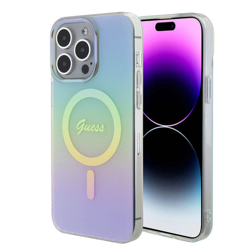 Husa pentru iPhone 15 Pro Max, Guess IML Iridescent MagSafe (GUHMP15XHITSQ), turcoaz