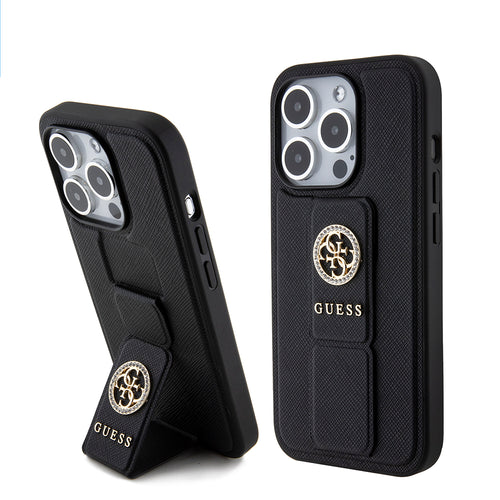 Husa pentru iPhone 15 Pro Max, Guess Grip Stand 4G Saffiano Strass, negru