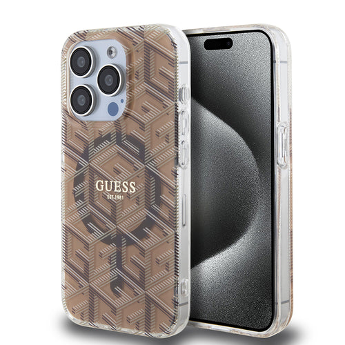 Husa pentru iPhone 15 Pro Max, Guess IML GCube MagSafe (GUHMP15XHGCUSTGW), maro
