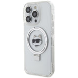Husa pentru iPhone 15 Pro Max, Karl Lagerfeld Hardcase Ring Stand MagSafe (KLHMP15XHMRSCHH), alb