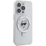 Husa pentru iPhone 15 Pro Max, Karl Lagerfeld Hardcase Ring Stand MagSafe (KLHMP15XHMRSCHH), alb