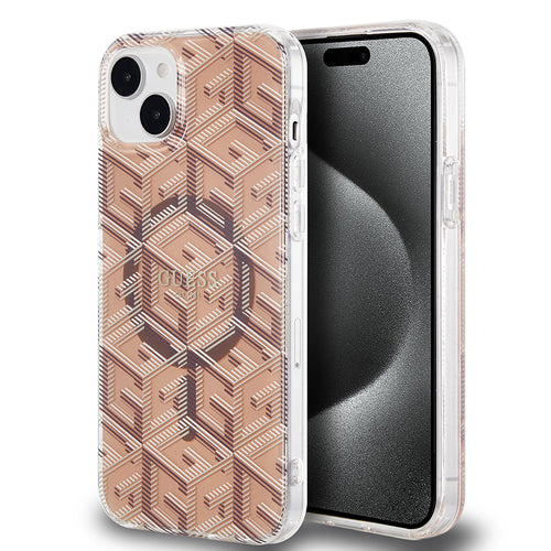 Husa pentru iPhone 15 Plus, Guess IML GCube MagSafe (GUHMP15MHGCUSTGW), maro