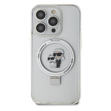 Husa pentru iPhone 15 Pro, Karl Lagerfeld Hardcase Ring Stand MagSafe (KLHMP15LHMRSKCH), alb