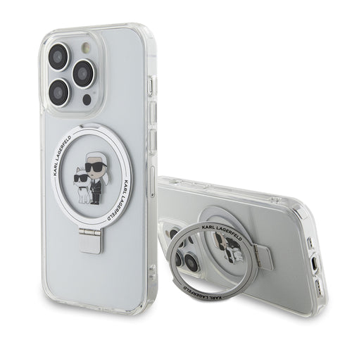 Husa pentru iPhone 15 Pro, Karl Lagerfeld Hardcase Ring Stand MagSafe (KLHMP15LHMRSKCH), alb