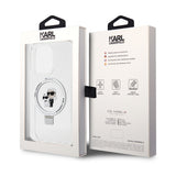 Husa pentru iPhone 15 Pro, Karl Lagerfeld Hardcase Ring Stand MagSafe (KLHMP15LHMRSKCH), alb