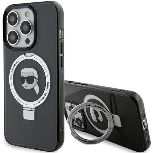Husa pentru iPhone 15 Pro, Karl Lagerfeld Hardcase Ring Stand MagSafe (KLHMP15LHMRSKHK), negru