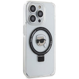 Husa pentru iPhone 15 Pro, Karl Lagerfeld Hardcase Ring Stand MagSafe (KLHMP15LHMRSKHH), alb