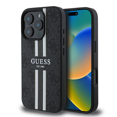 Husa pentru iPhone 16 Pro, Guess Hardcase 4G Printed Stripes MagSafe (GUHMP16LP4RPSK), negru