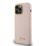 Husa pentru iPhone 15 Pro, Guess Silicone Script Metal Logo & Frame (GUHCP15LSMBSLP), roz deschis