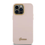 Husa pentru iPhone 15 Pro, Guess Silicone Script Metal Logo & Frame (GUHCP15LSMBSLP), roz deschis