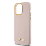 Husa pentru iPhone 15 Pro, Guess Silicone Script Metal Logo & Frame (GUHCP15LSMBSLP), roz deschis